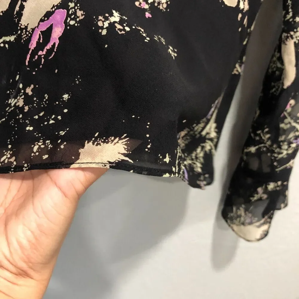 ann taylor 100% silk top xs small black leaves splat sheer chiffon dressy chic - Picture 8 of 14